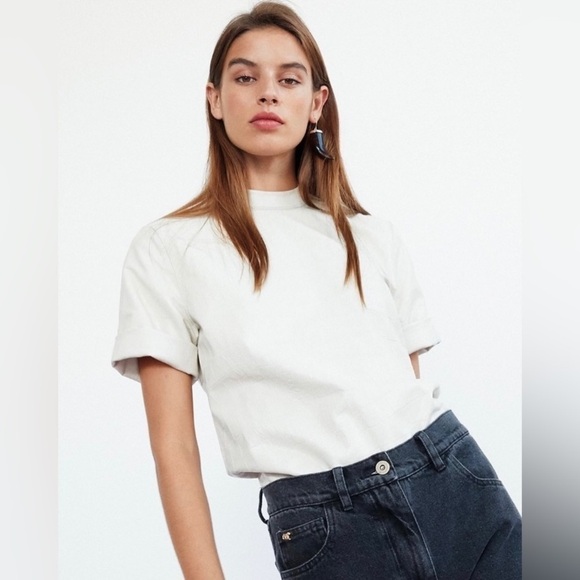 Nanushka Kaden Vegan Leather Croc Embossed Tee in Cream S - Picture 4 of 9